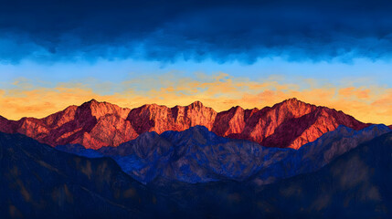 Fototapeta premium A vibrant digital painting of majestic mountains at sunset, showcasing rich colors and textures.