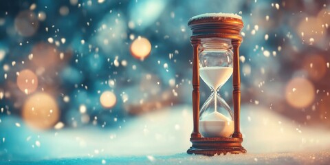 blurred winter background with an hourglass in sharp focus, its lower bulb empty. The scene symbolizes the passage of time, fleeting moments, and reflection on life transience amid stillness