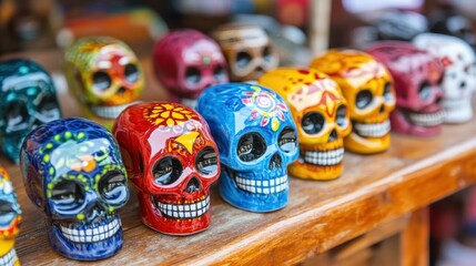 Colorful skull figurines displayed on wooden surface.