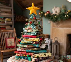 Naklejka premium Christmas tree made of hardcover books 1