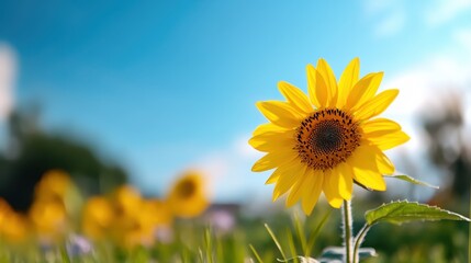 Fototapeta premium A single sunflower under a bright blue sky captures the essence of summer, symbolizing vitality, optimism, and the simplicity of nature in its most radiant form.