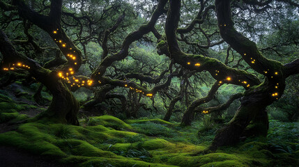Fototapeta premium Enchanted forest scene with glowing lights on twisted trees and lush mossy ground.
