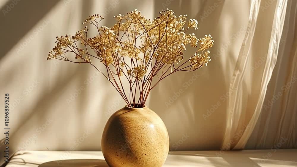 Aufkleber dried flowers stand gracefully in a simple ceramic vase on a wooden table, illuminated by soft sunli