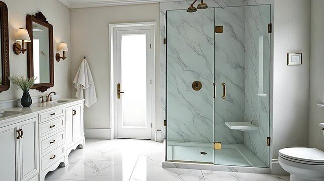 Luxurious Master Bathroom with Marble Shower, Double Vanity, and French Door