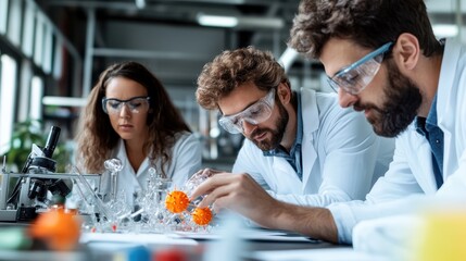 A group of scientists collaboratively working in a modern laboratory setting, examining molecular models and sharing ideas for research and innovative experiments.