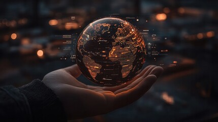 A hand holds a glowing globe, showcasing a digital map of the world, with lights resembling cities, set against a dark, atmospheric background.