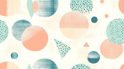 Geometric pattern with overlapping circles and triangles in pastel peach, teal, and cream, seamless repeat design for a child’s room