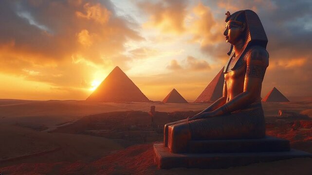 A majestic pharaoh statue kneels before three pyramids at sunset. The golden hue illuminates the desert landscape, creating a dramatic scene of ancient Egypt.
