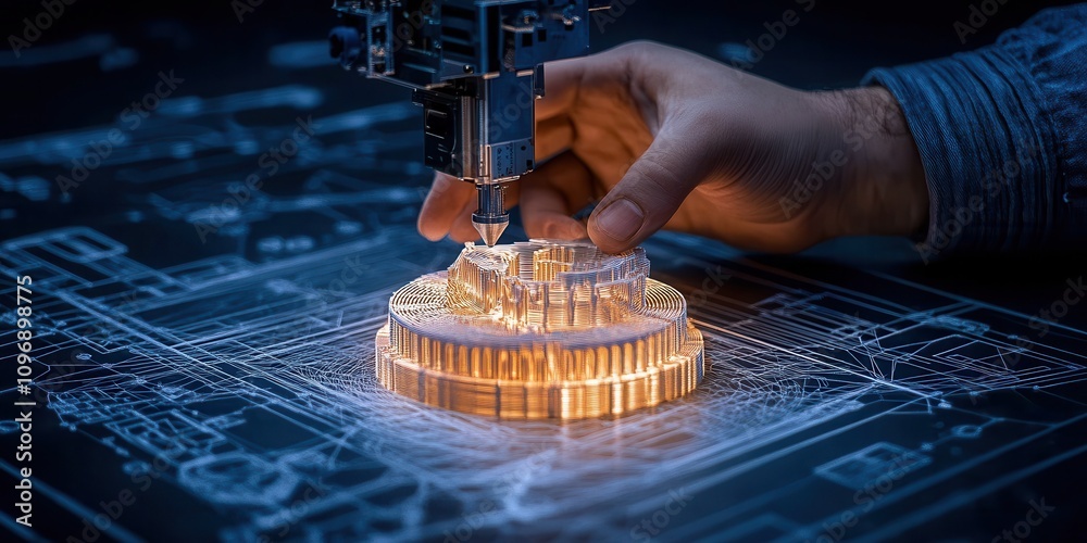 Poster a hand operates a precision tool on a glowing, layered design over a technical blueprint, showcasing