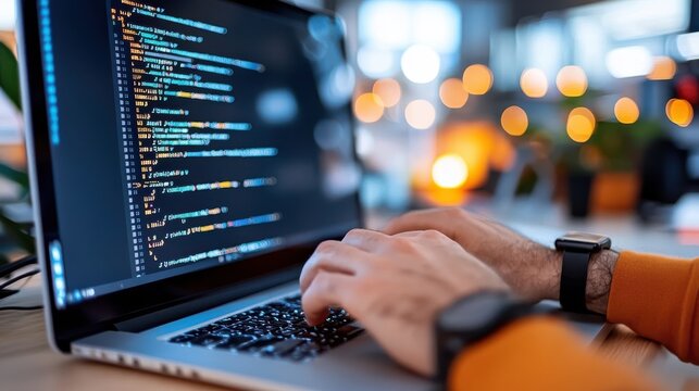 Hands adeptly type programming code on a laptop keyboard in a vibrant and tech-savvy workspace, surrounded by modern lighting and technology.