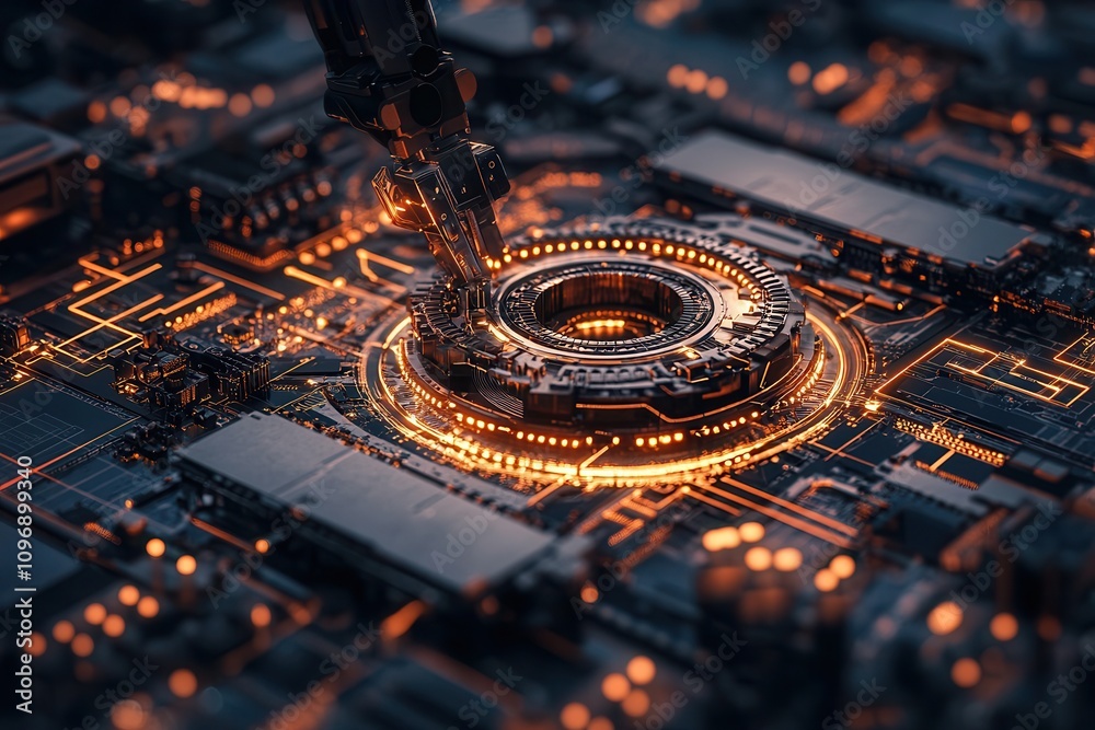 Poster A close-up view of a futuristic circuit board featuring intricate designs and glowing elements, highlighting advanced technology in action.