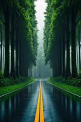 Obraz premium Rain-soaked road bordered by lush green trees in a serene forest setting