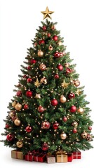 Fototapeta premium Elegant Christmas tree adorned with red and gold ornaments creates a festive ambiance perfect for holiday celebrations