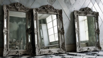 Eerie antique mirrors with ornate frames and dark reflections in a vintage setting