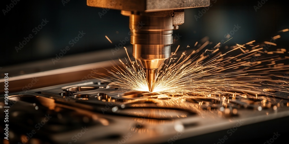 Poster a close-up of a laser cutting machine in action, producing sparks as it engraves intricate designs o