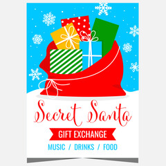 Christmas Secret Santa and gift exchange party poster or banner with Santa Claus's sack full of presents. Vector template for traditional and mysterious gift guessing ritual during winter holidays.