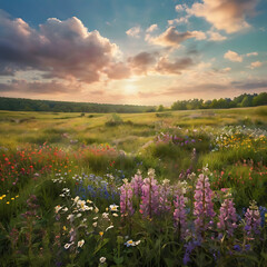 Fototapeta premium Enchanting Spring Meadow with Wildflowers and Soft Pastel Sky Above