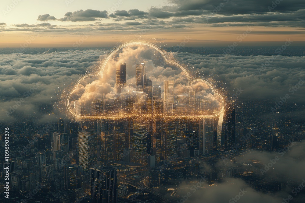Poster a futuristic cityscape emerges from a glowing cloud above the clouds, blending technology and nature
