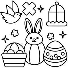 Easter  Vector Line Art, Easter Bunny Coloring , Page,  Easter Bunny with Easter Eggs, Easter Coloring Pages