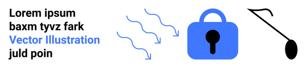 Secure blue lock with keyhole, phishing hook, and placeholder text. Arrows surrounding the lock suggest protection. Ideal for cybersecurity, data privacy, online safety, digital security, internet