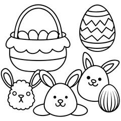Easter  Vector Line Art, Easter Bunny Coloring , Page,  Easter Bunny with Easter Eggs, Easter Coloring Pages