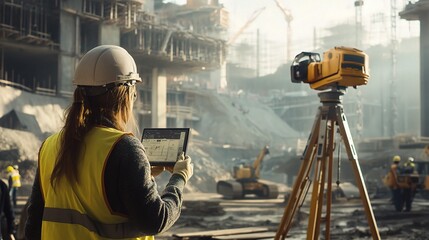 Confident Woman Engineer Surveying Construction Site with Equipment