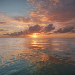 Obraz premium Peach Sunset Over Tranquil Ocean with Pastel Clouds Above Horizon