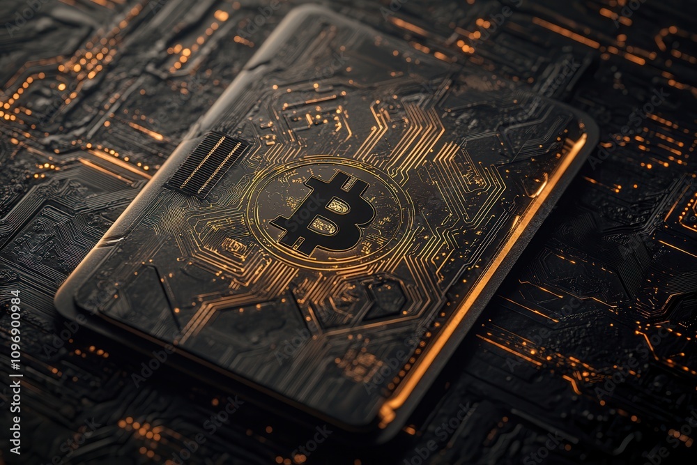 Poster a sleek, dark smartphone with a glowing bitcoin emblem displayed on a circuit board background, symb