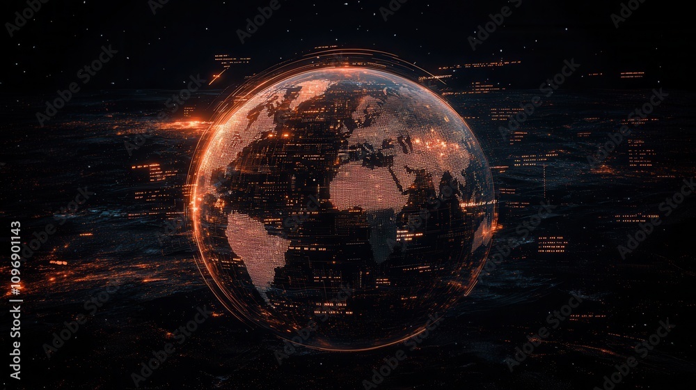 Poster A glowing digital representation of Earth, surrounded by swirling data elements and a dark background, illustrating a futuristic global network.