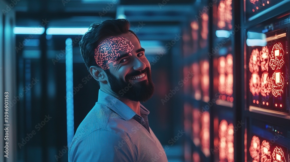 Poster smiling engineer in data center using artificial intelligence technology