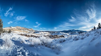 Panoramic Winter Wonderland Snow-Covered Landscape and Majestic Mountains