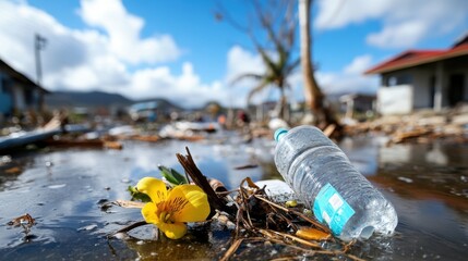 Obraz premium A vibrant yellow flower emerges among debris left from a flood, with a plastic bottle nearby, illustrating the theme of resilience and hope under a bright sky.