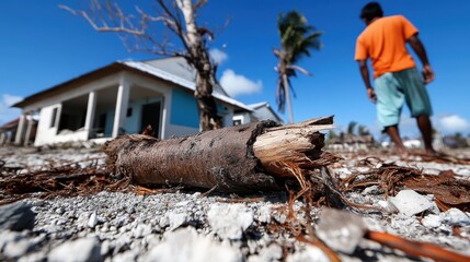 Obraz premium A man in an orange shirt inspects the aftermath of a storm, with debris scattered on the beach and a damaged house in the background under a bright blue sky.