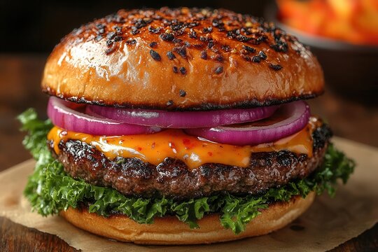 a delicious hamburger sits invitingly on a rustic table, topped with fresh ingredients, surrounded by a vibrant display of colors, evoking hunger and culinary delight