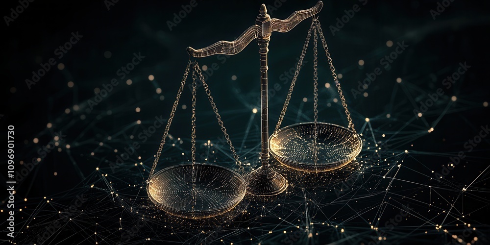 Aufkleber A digital representation of balanced scales symbolizing justice, set against a dark background with interconnected nodes and lights.