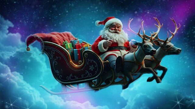 Christmas Santa Claus flies on a magic reindeer sleigh