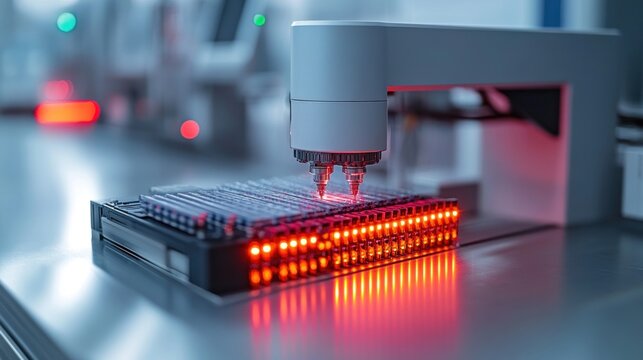 High-Tech Automated Laboratory Process: Precision Robotic Arm Performing Microarray Analysis with Red LED Illumination