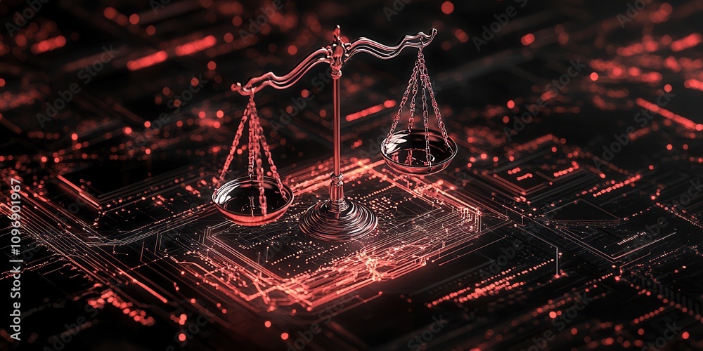 Aufkleber A digital representation of justice, featuring a scale symbolizing balance and fairness, set against a backdrop of intricate circuitry.
