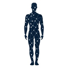 A silhouette of a human figure filled with a network of dots and lines, symbolizing connections and data flow in a modern, abstract style.