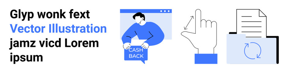 Man holding cash back sign, hand gesture interaction, document with recycling symbol. Ideal for finance, e-commerce, user interface, technology, presentations, marketing, educational content. Landing