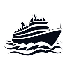 Obraz premium A stylized black silhouette of a boat with passengers, navigating through waves, evoking a sense of adventure and travel on water.