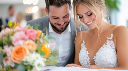 A joyful bride and groom signing their marriage certificate, surrounded by colorful flowers, marking the official beginning of their lifelong journey together.