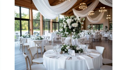 An elegantly decorated wedding venue features round tables adorned with white floral centerpieces and draped ceilings, creating a sophisticated ambiance.