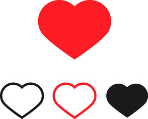 Four heart shapes. The top heart is solid red. Below it, there are three hearts in a row: left is black outline, middle is red outline, right is solid black.
