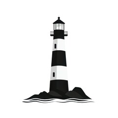 A stylized black and white illustration of a lighthouse standing on rocky shores, surrounded by waves.