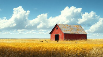 Obraz premium Rustic Red Barn in a Golden Field Under a Blue Sky