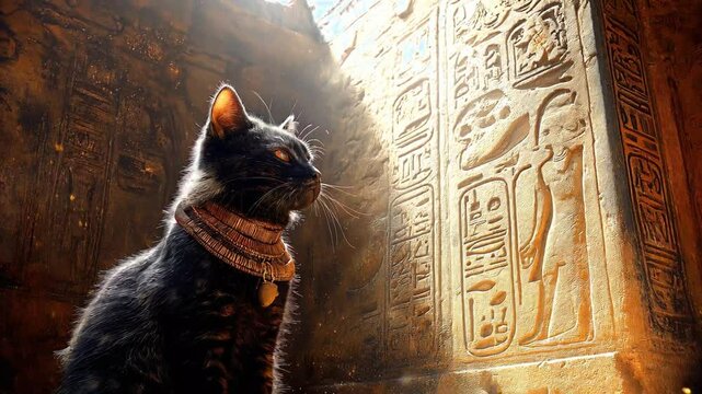 A regal black cat adorned with a gold collar sits before ancient Egyptian hieroglyphs etched into a sunlit temple wall, dust motes dancing in the light.