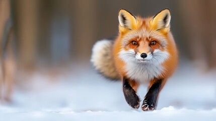 A focused fox trotting briskly through the snowy wilderness, showcasing the fine balance of alertness and grace as it navigates its wintry home with determination.