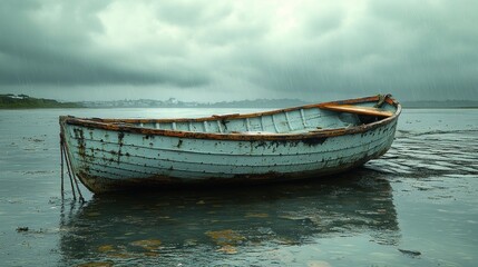 Obraz premium Solitude in the Rain: A Weathered Rowboat Under a Stormy Sky