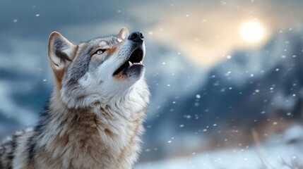 A solitary wolf howling amidst majestic snow-covered mountains, encapsulating the essence of untamed wilderness against the serene backdrop of ancient peaks.